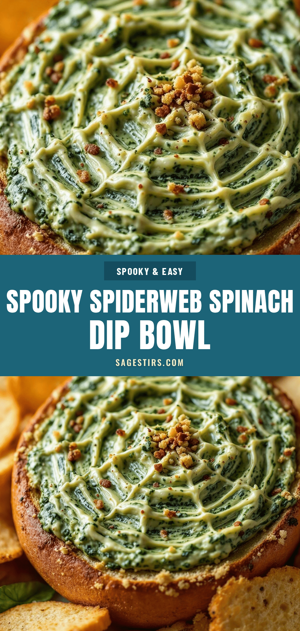creamy spiderweb spinach dip in a bread bowl recipe